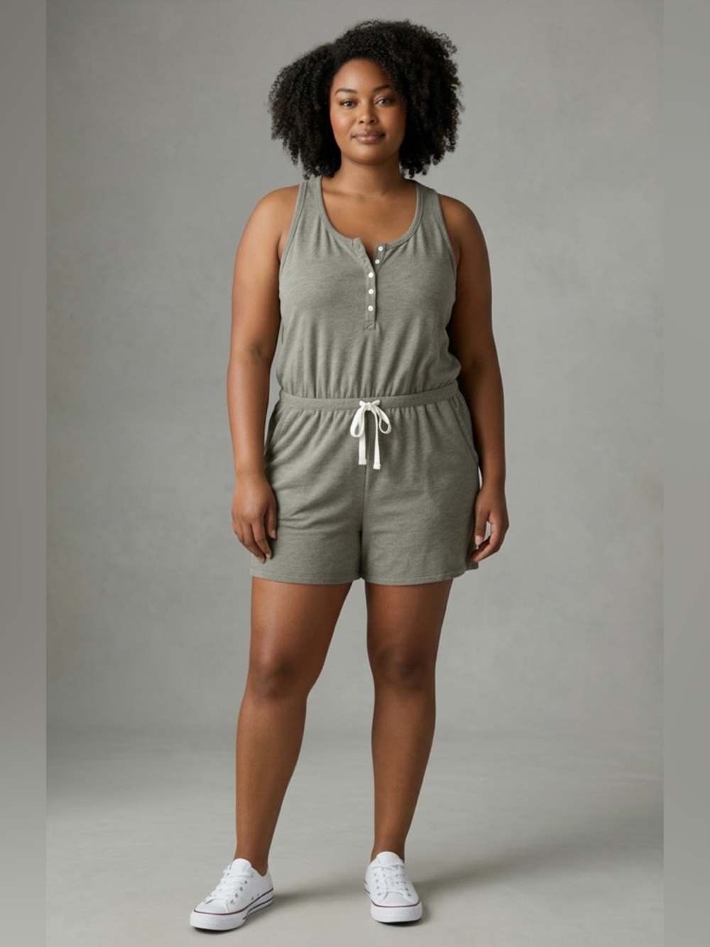 FarWest Henley Romper Made In Canada | Green Sleeveless Short Romper Size L